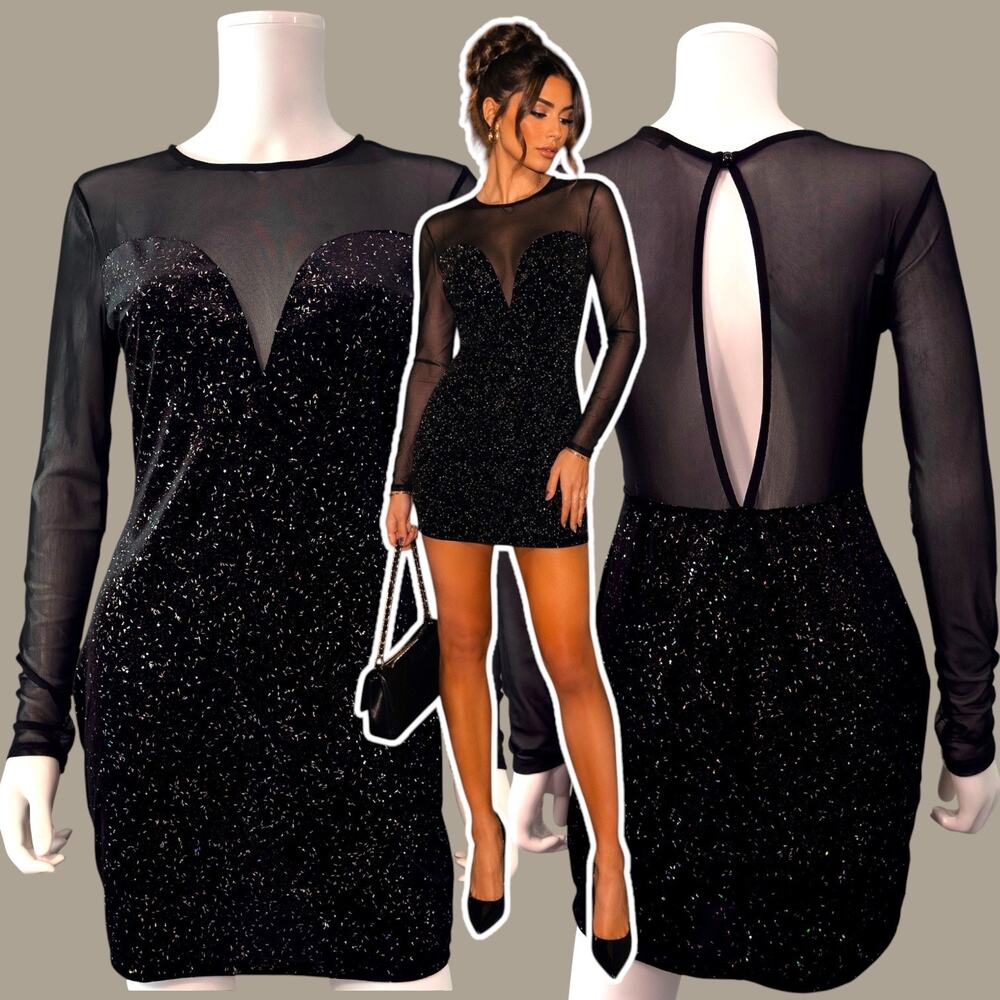 Vtg Y2K Black Glitter Mesh Bodycon Mini Dress Open Back Long Sleeve Club Wear L